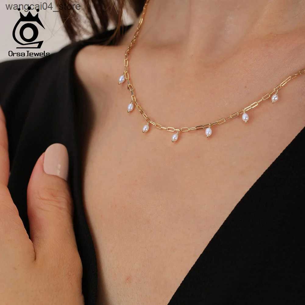 Chokers ORSA JEWELS 14K gold paper clip chain necklace with natural pearls suitable for women S925 silver pearl necklace party jewelry GPN51 L240910