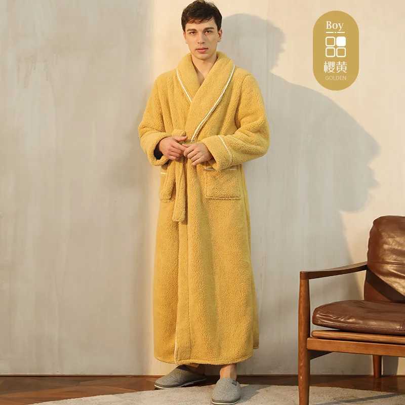 Mens Winter Bathrobe Long Sleeve Warm Turn Down Collar Man Fluffy Bath Robe With Sashes Solid Fleece Dressing Gown For MaleXJ241018