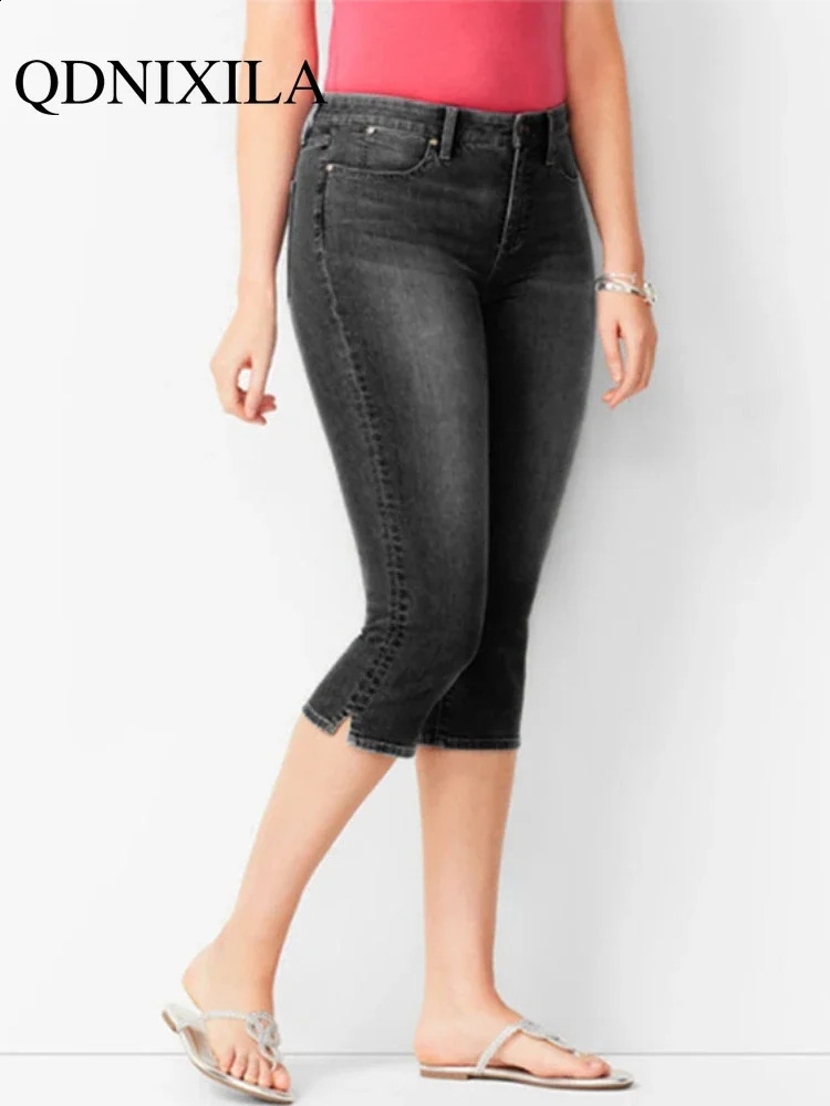 Womans Jeans Black Denim Pants Ladies Cropped Trousers Skinny Knee Length Jean Elastic High Waist Mom Oversize 241007