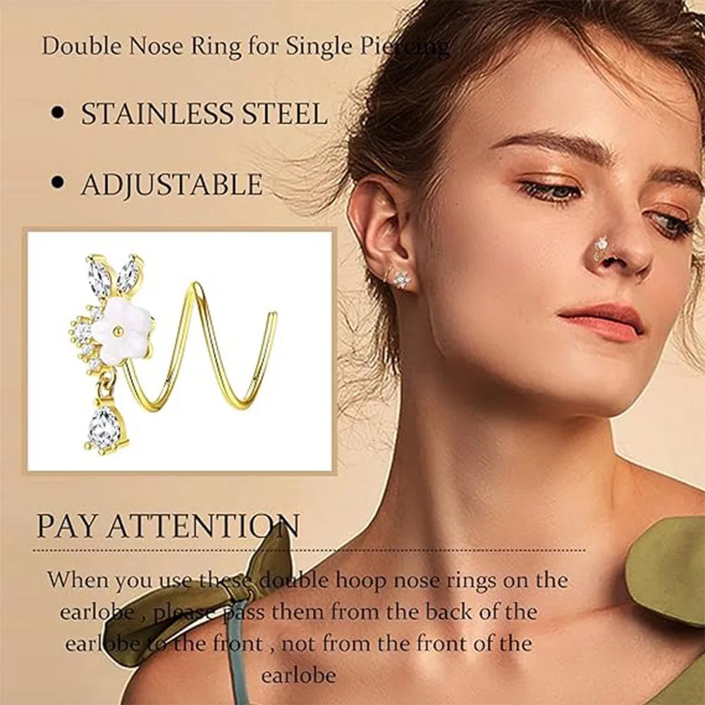 Drperfect 9Pcs Stainless Steel Dangle Double Nose Ring for Single Piercing Dangling Nose Spiral Hoops Double Earrings for Women 241007