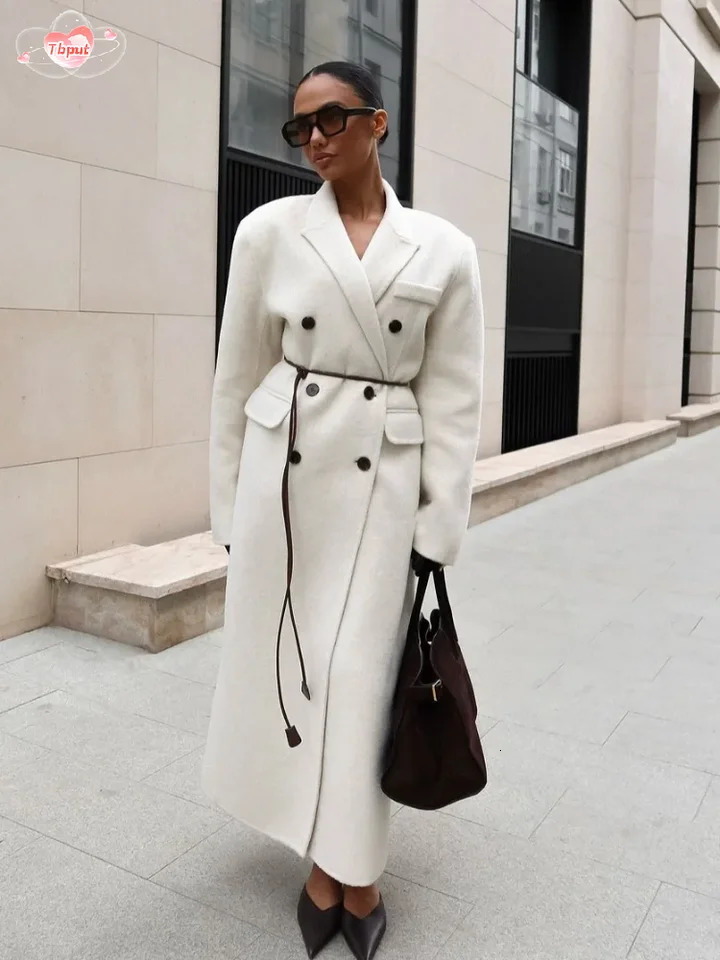 Chic Double Breasted Pocket Classic Womens Wool Blend Coat Long Sleeved Lapel Solid Color Autumn Coats Lady Street Outwear 241018