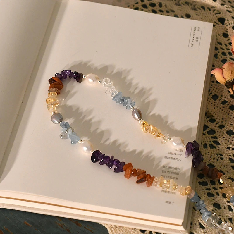 ASHIQI Natural Freshwater Baroque Pearl Necklace with Irregular Colored Crystal Stone Jewelry Suitable for Womens Gifts 241018