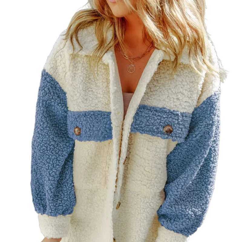 Autumn Winter Fashion Turn-down Collar Long Sleeve Patchwork Color Blocking Lamb Wool Coats Womens Clothing Casual Button TopsX241018