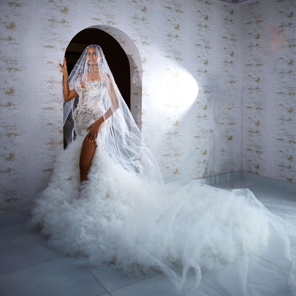 Gorgeous Beaded Mermaid Dresses With Long Train Puffy Tiered Tulle 2024 Aso Ebi Wedding Bridal Dress African Formal Gown 0218