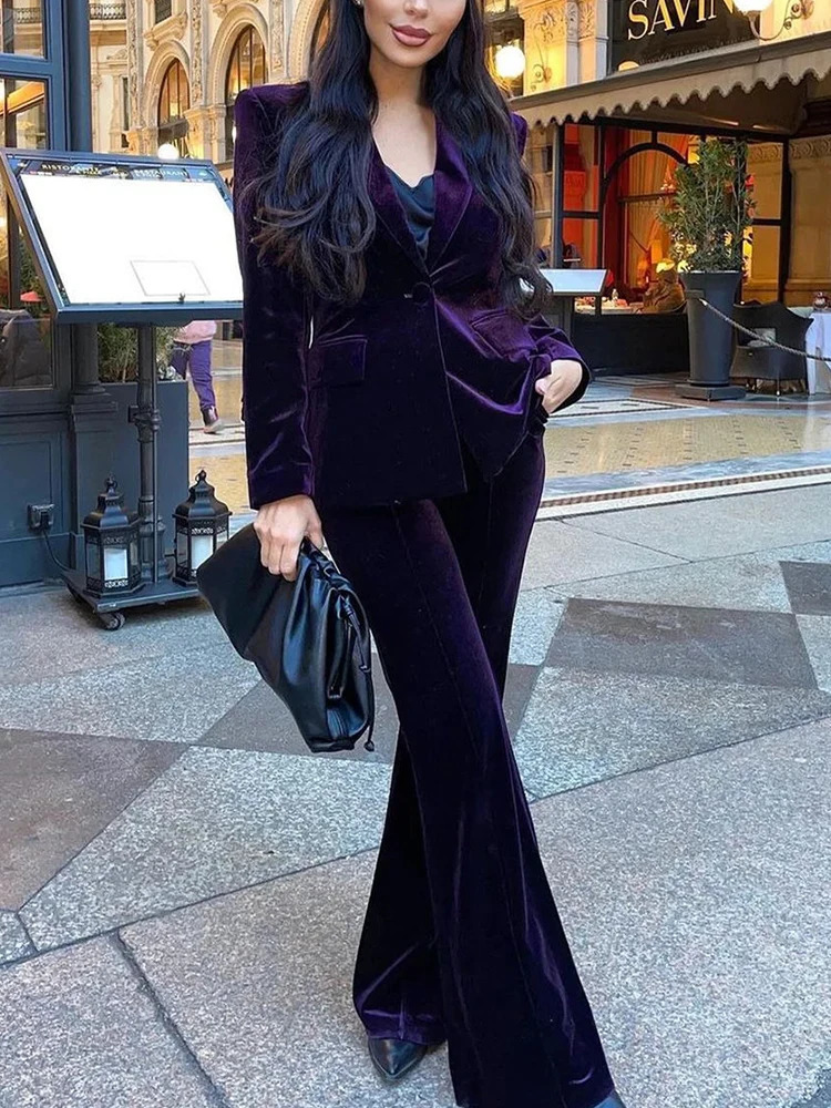 Velvet jacket womens set purple brown autumn and winter item one button jacketflame pants twopiece office 241009