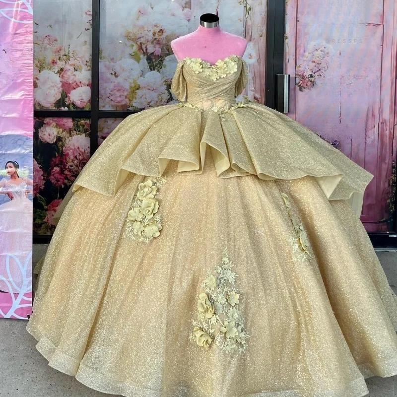 Sparkly Gold Sweetheart Princess Ball Gown Quinceanera Dresses Off The Shoulder Lace 3D Flower Sweet 16 Dress Vestidos De 15 Anos