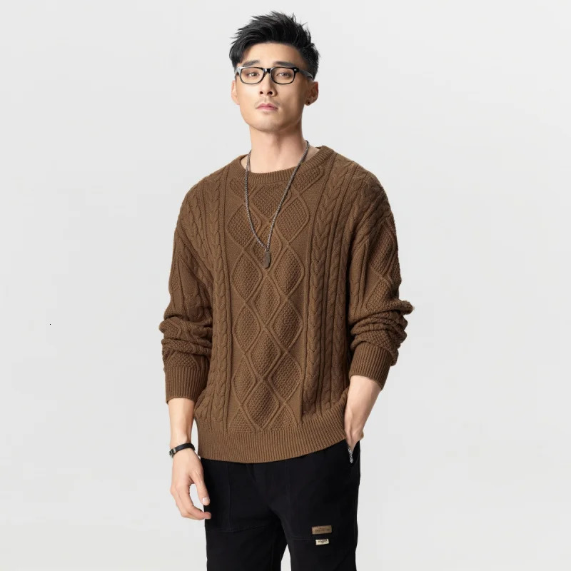 American retro knit sweater men loose round neck twisted casual tops lazy wind versatile Large size 241018