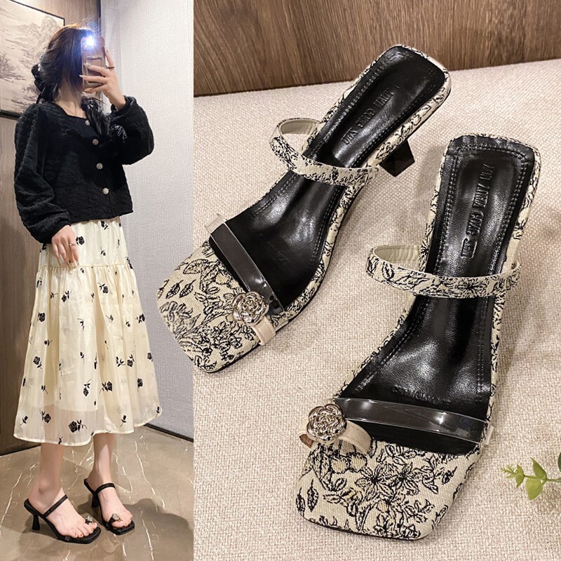 New Chinese Style Embroidered Flip Flops For Summer Women S Outerwear With Square Toe And Slim Heel Sandals High Heels Ddmythur