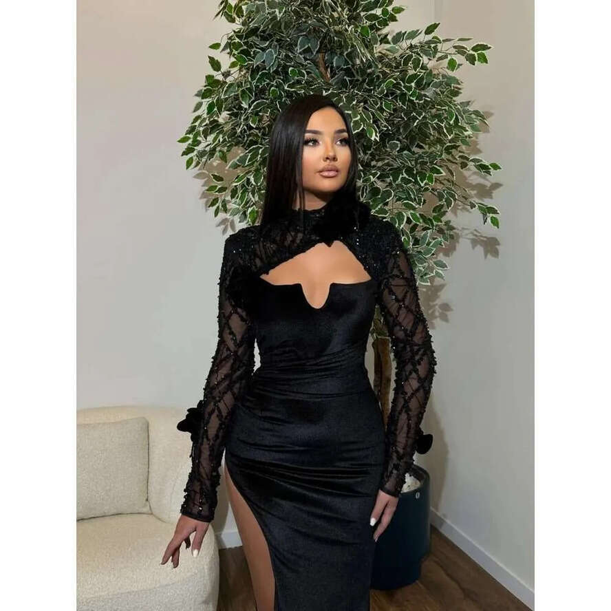 Neck Mermaid High Elegant Prom Dress Sequins Side Split Evening Long Sleeves Party Dresses Custom Made 0719 es