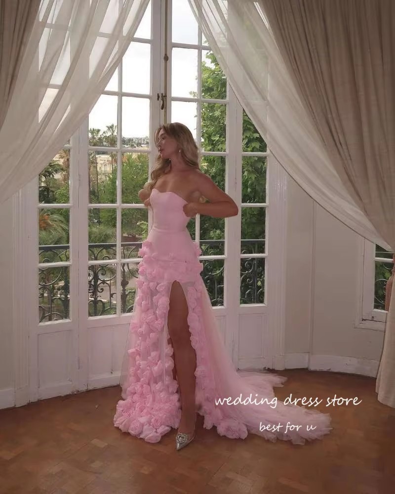 Pink Long Evening Dresses 3D Wers Sweetheart Beauty Party Dress High Split Prom Gowns Vestidos 6660312