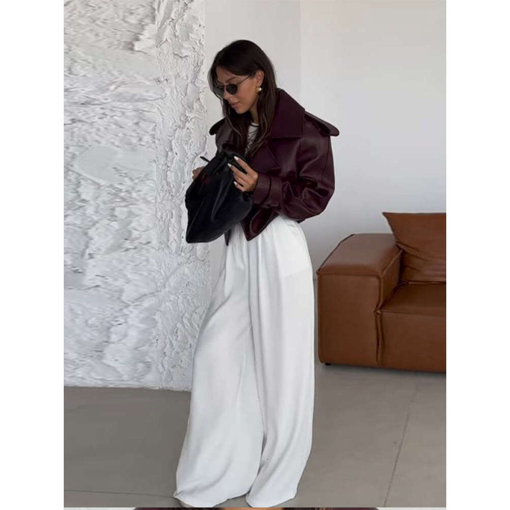 Women Bury Leather Turndown Collar Jacket Fashion Female Solid Casual Long Sleeves Jackets 2024 Autumn Lady Street Overcoat