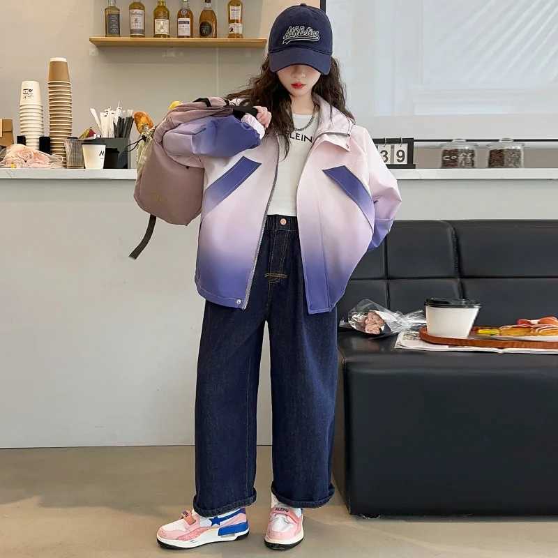 New Fashion Childrens Gradient Hoodie Jacket Girls Clothing Korean Autumn Clothing Coat with Hoodie 5 6 7 8 12 14Y M241018