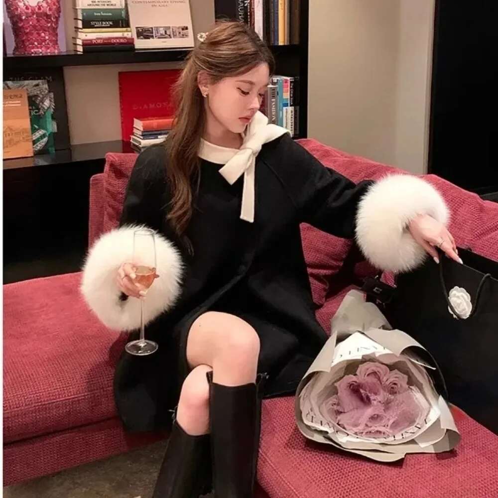Coat Women Autumn And Winter 2024 New Double Sided Woolen Real Fox Fur Loose Bow Clip Wool Outerwear Female