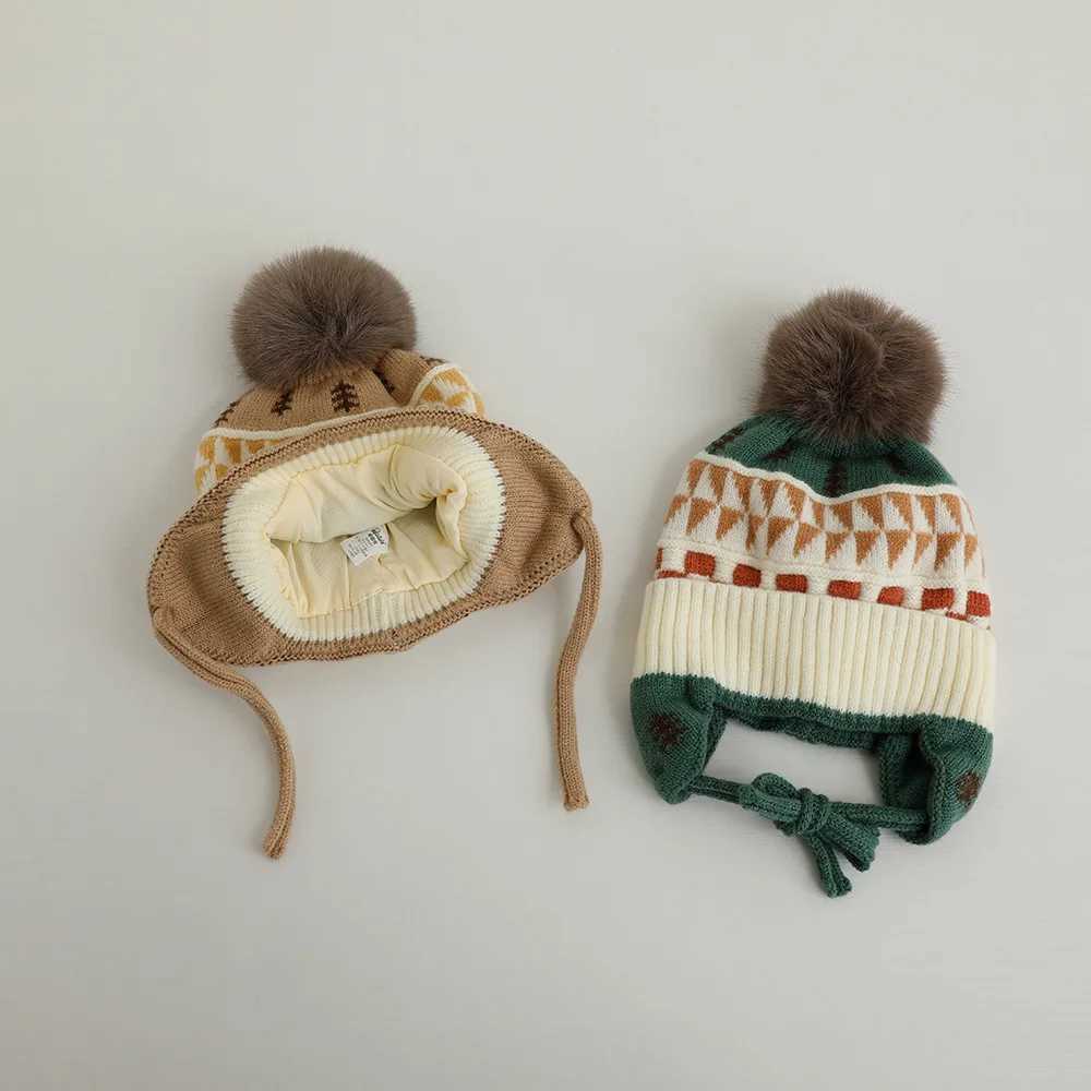 Cute Pom Kids Knit Hat Autumn Winter Warm Kids Ear Protection Caps for Girls Boys Beanie Cap Soft Kids Bonnet Caps LX241018