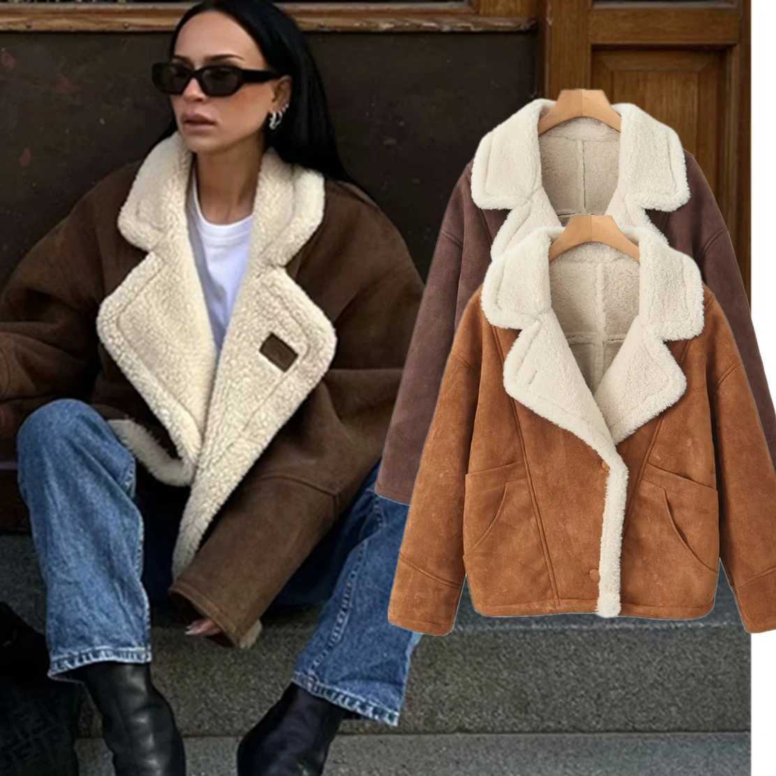 Maxdutti 2023 French Vintage Lamb Fleece Coat Lapel Parka Coat Loose Winter Jacket Women Fashion BloggerX241018