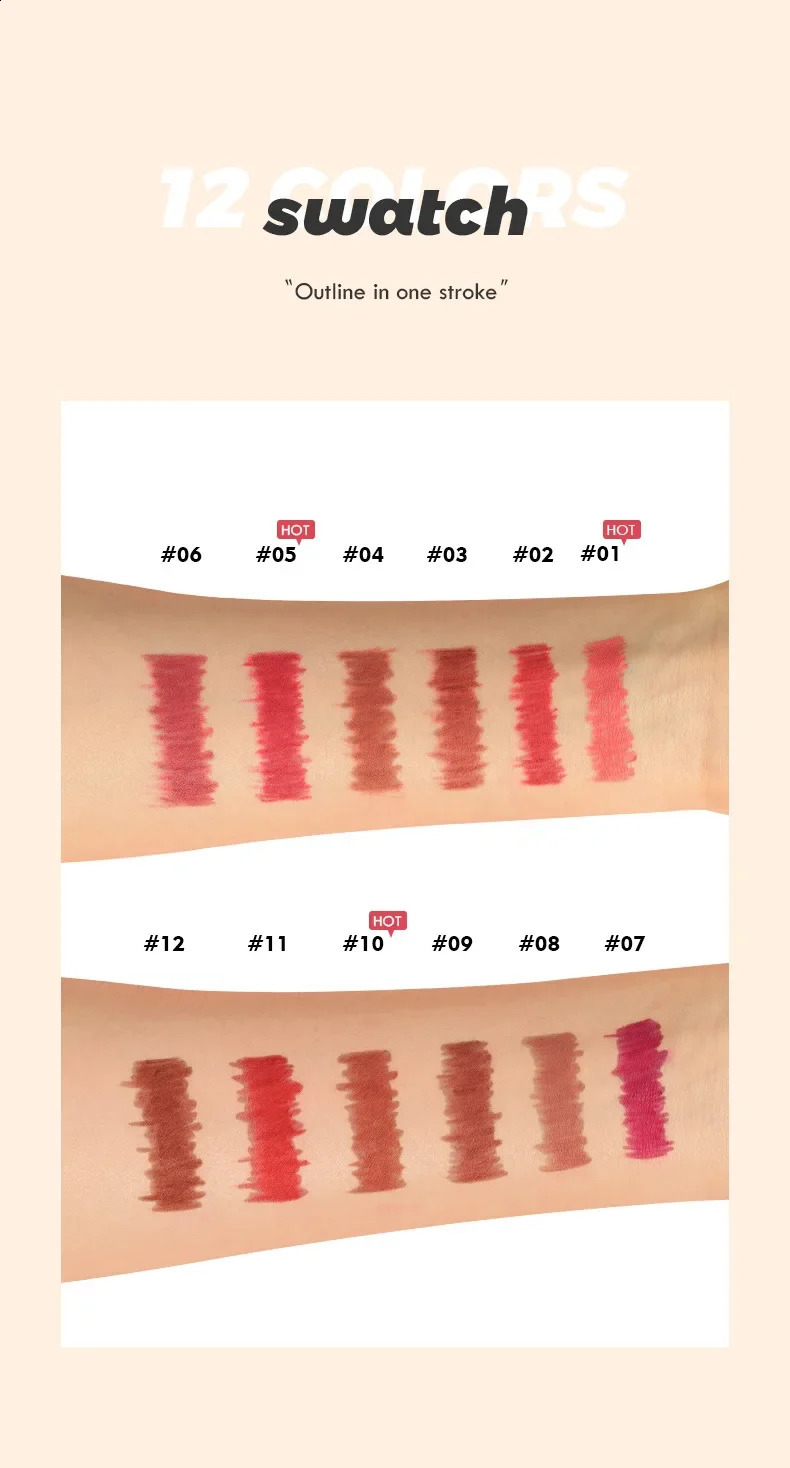 Pudaier Sexy Matte Lipstick Pencil Waterproof Lasting Lip Liner Pen Non-stick Cup Lipliner Contour Pencil Beauty Makeup 12pc Set 241017