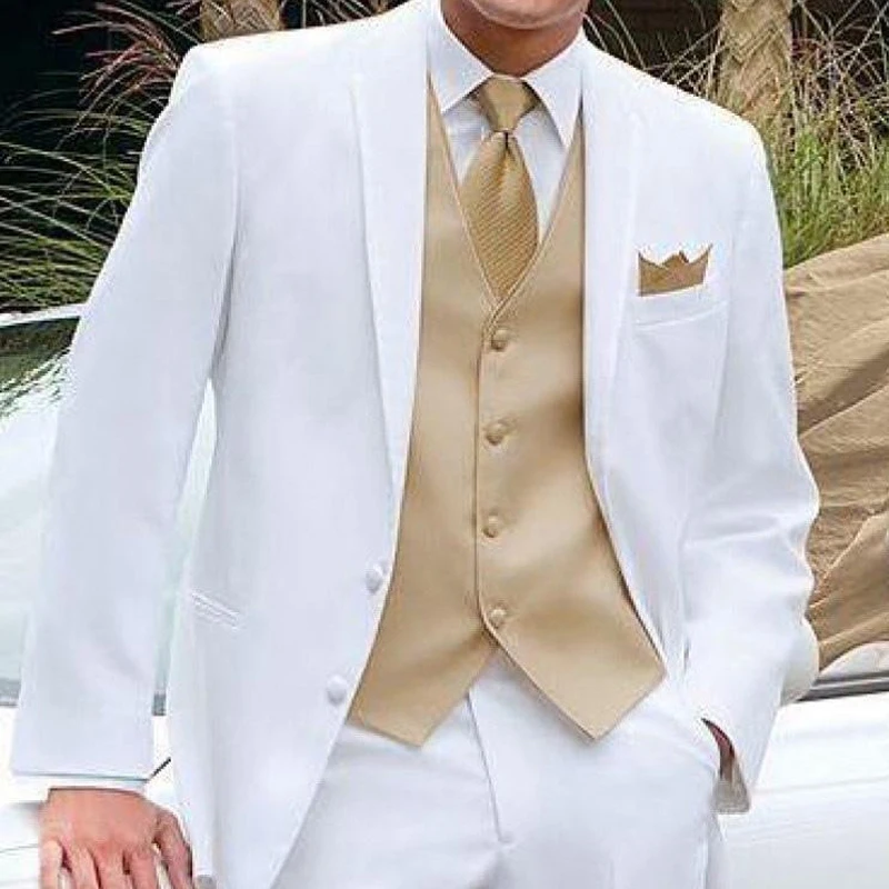 White Groom Tuxedos For Wedding 3 Piece Custom Smoking Men Suits Set Jacket Gold Vest With Pants Male Fashion Clothes 2024