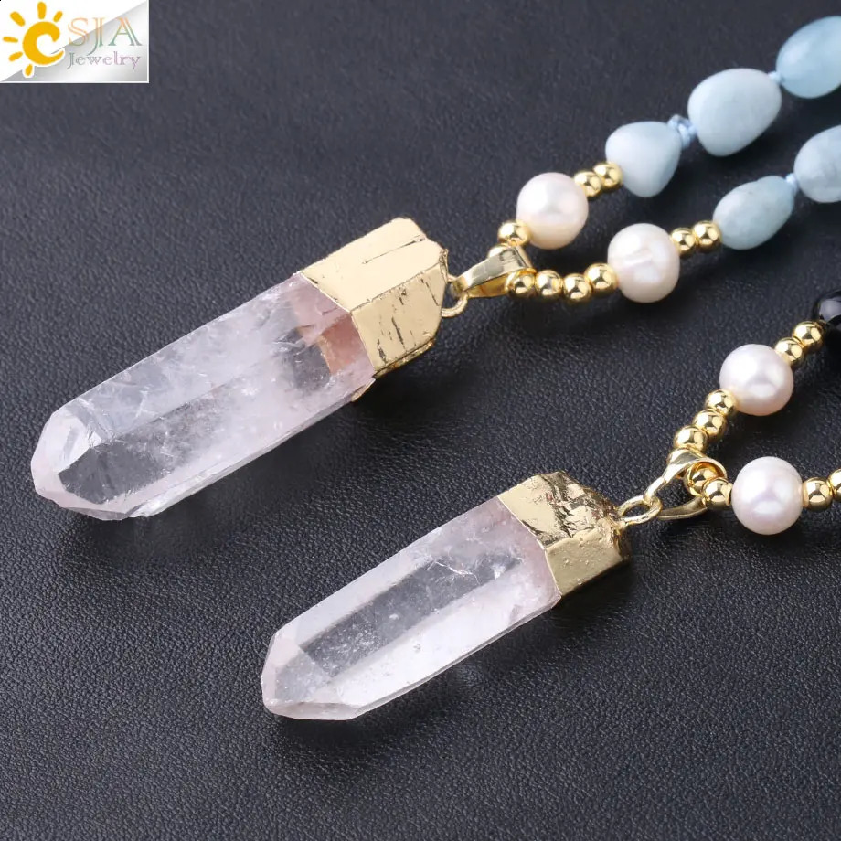 CSJA Boho Irregular Natural Stone Pearl Necklace Knot White Crystal Pendant Womens Sweater Necklace F774 241018