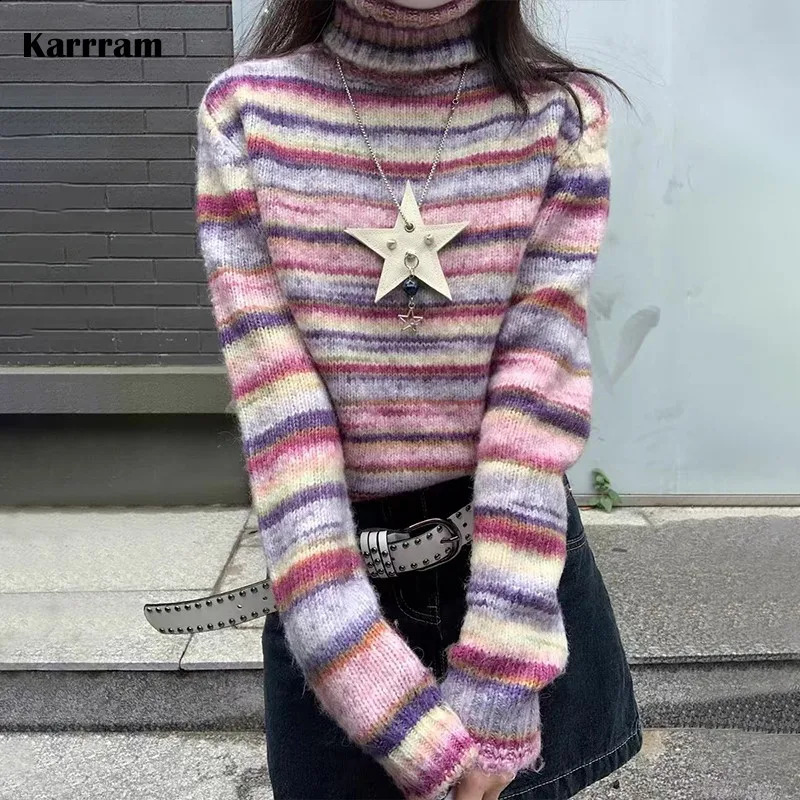 Karrram Japanese Y2k Turtleneck Sweater Vintage Rainbow Striped Pullover Korean Fashion Knitted Jumper Harajuku Grunge Knitwear 241010
