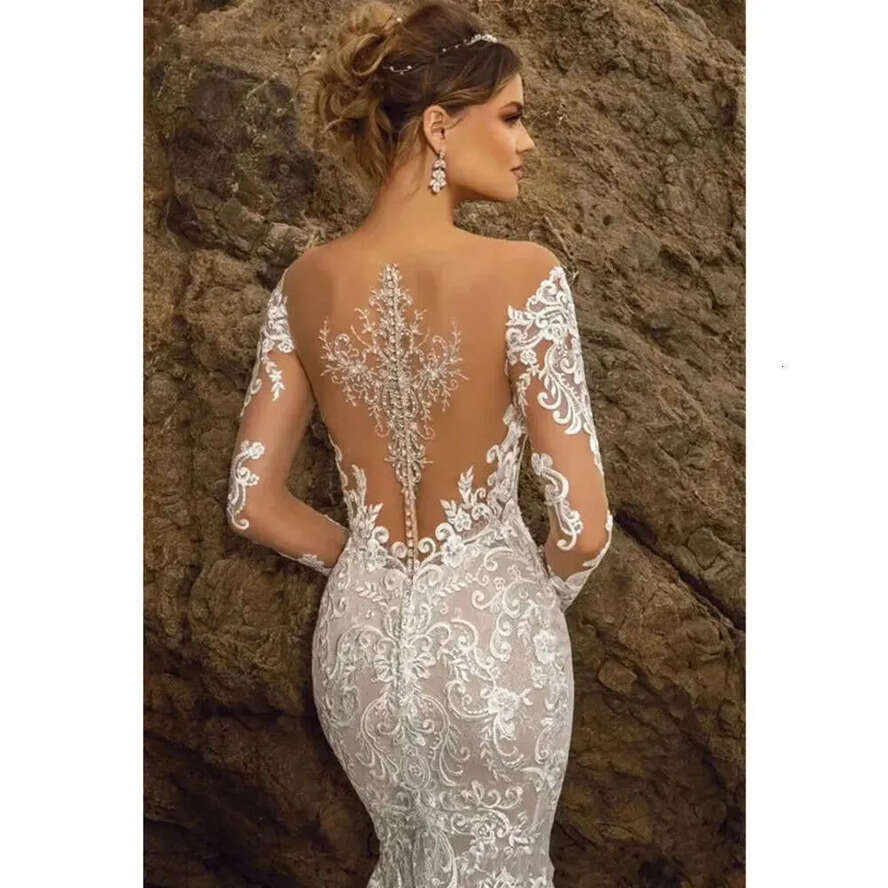Long Bridal Gowns Mermaid Lace Illusion Scoop Necke Full Sleeves Chapel Train Plus Size Wedding Dresses Vestidos De Novia
