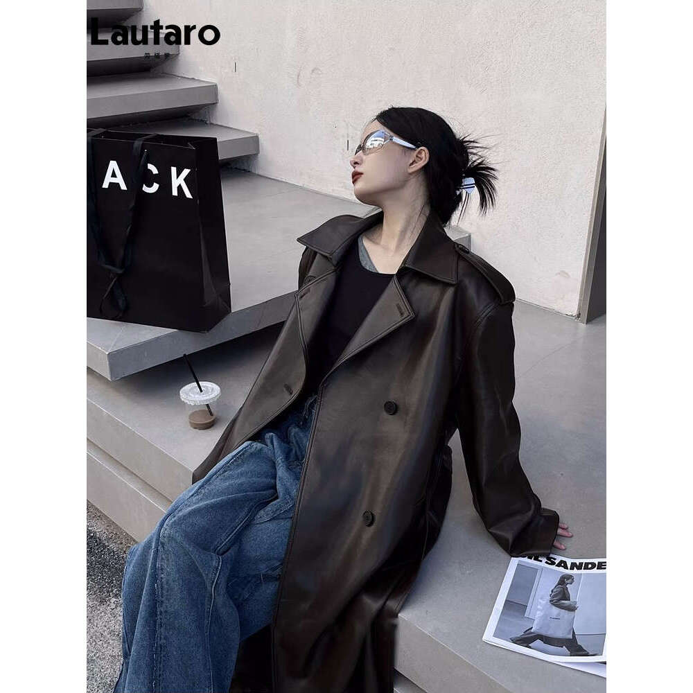 Lautaro Spring Autumn Long Cool Oversized Brown Black Pu Leather Trench Coat For Women European And American Runway Fashion 2023