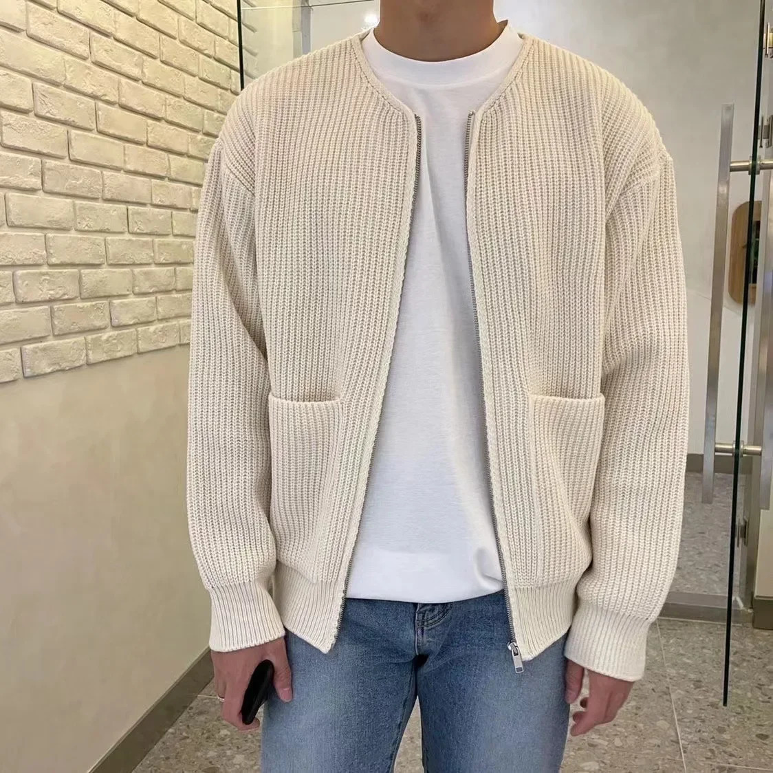 Fashionable Knitted Cardigan Sweater For Men Spring Autumn Style Korean Version Casual Fit Unique Zipper Jacket Trendy 241018