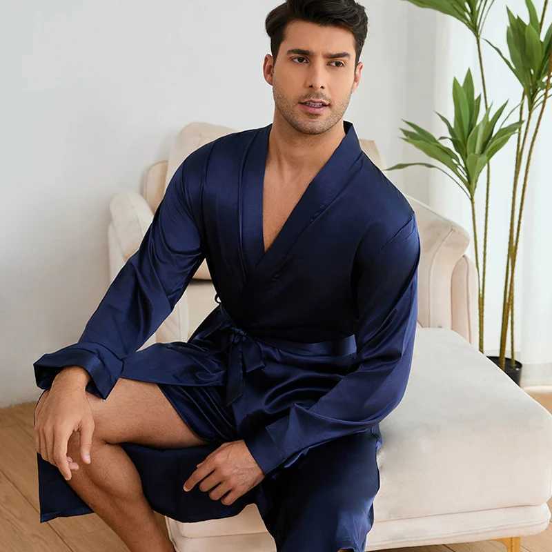 Solid Color Simple Homewear Mens Sleepwear Silk Satin Robe Shorts Pajamas Suit Spring Autumn Long Sleeved Bathrobe NightgownXJ241018