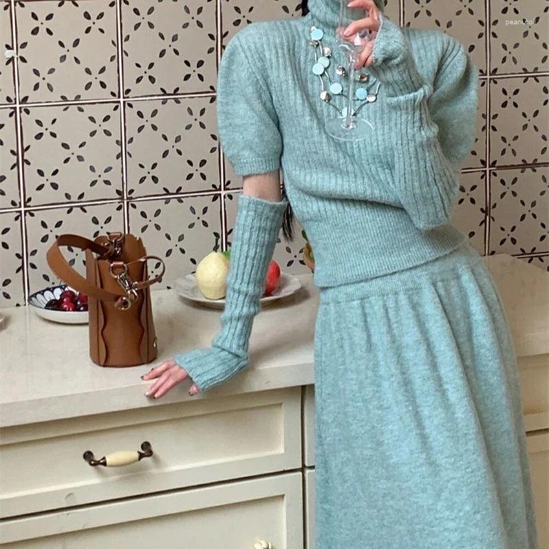 Two Piece Dress French Elegant Knitted Skirt Suits Vintage Autumn Winter Women High Neck Pullover Sweater Tops With Waiste Long Skirts Set B4
