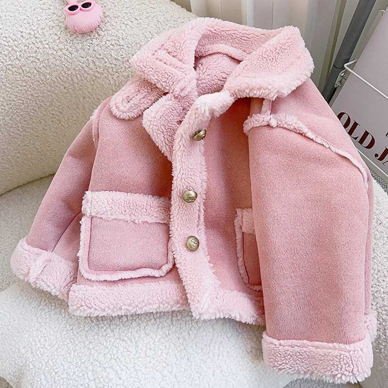 2024 Winter New Girls Jacket Solid Color Lamb Wool Lining Thick Keep Warm Lapel Fashion Coats For 2-8 Years Kids Plush SnowsuitX241018