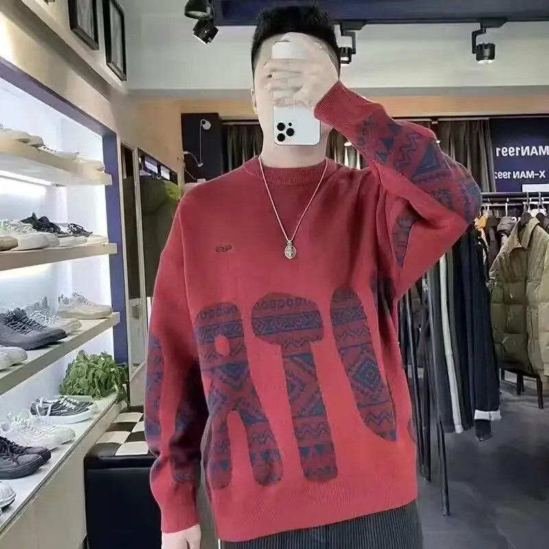 Sweater Mens Versatile Contrast Color Letter Fashion Casual Knitting Trend Minimalist ONeck Loose Long Sleeved Tops 241018