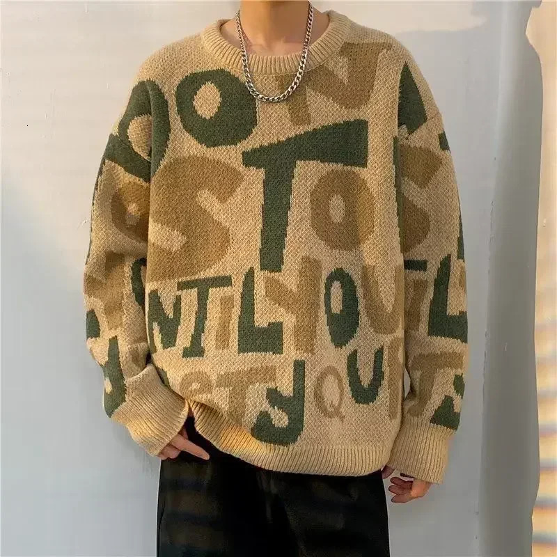 Mens Clothing Coat Crewneck Jacket Knit Sweater Male Round Collar Letter Pullovers Large Big Size Winter Thick Tops Trend 241018