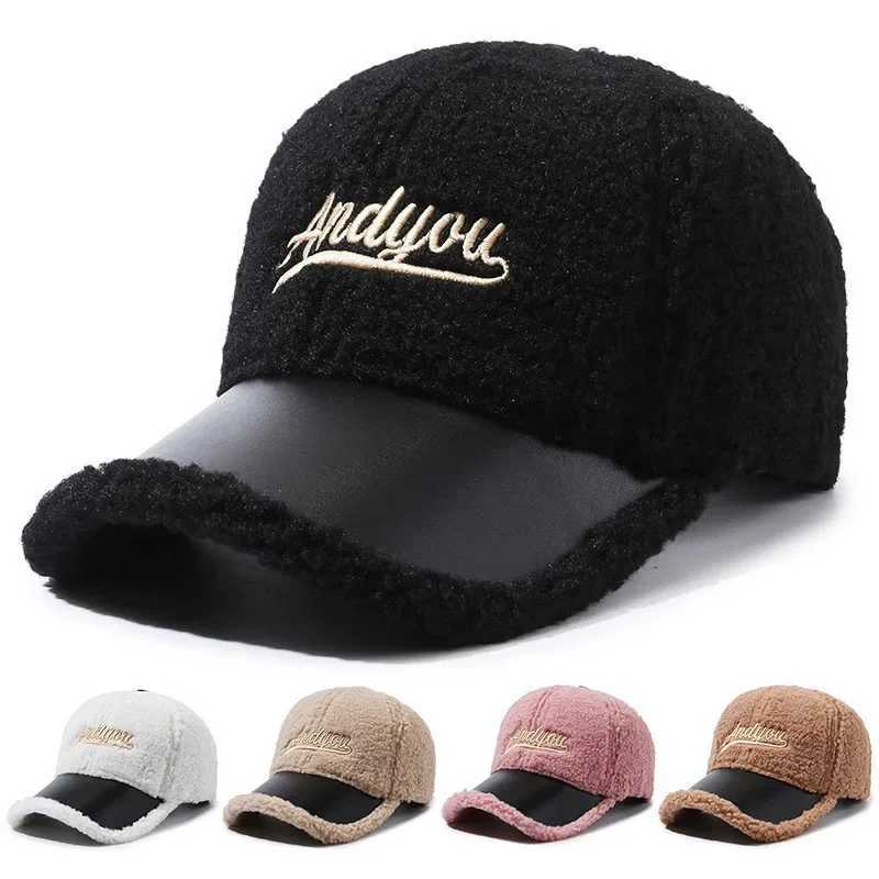 Men Women Lamb Wool Embroidery Letter Baseball Cap Autumn Female Winter Warm Outdoors Fashion Snapback Adjustable Hat CasquetteX241018