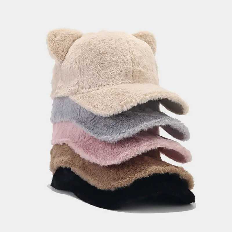 Autumn and Winter Womens Cat Ears Baseball Cap Plush Duck Tongue Cap Cartoon Fashion Rebound Cap Adjustable Leisure CapX241018