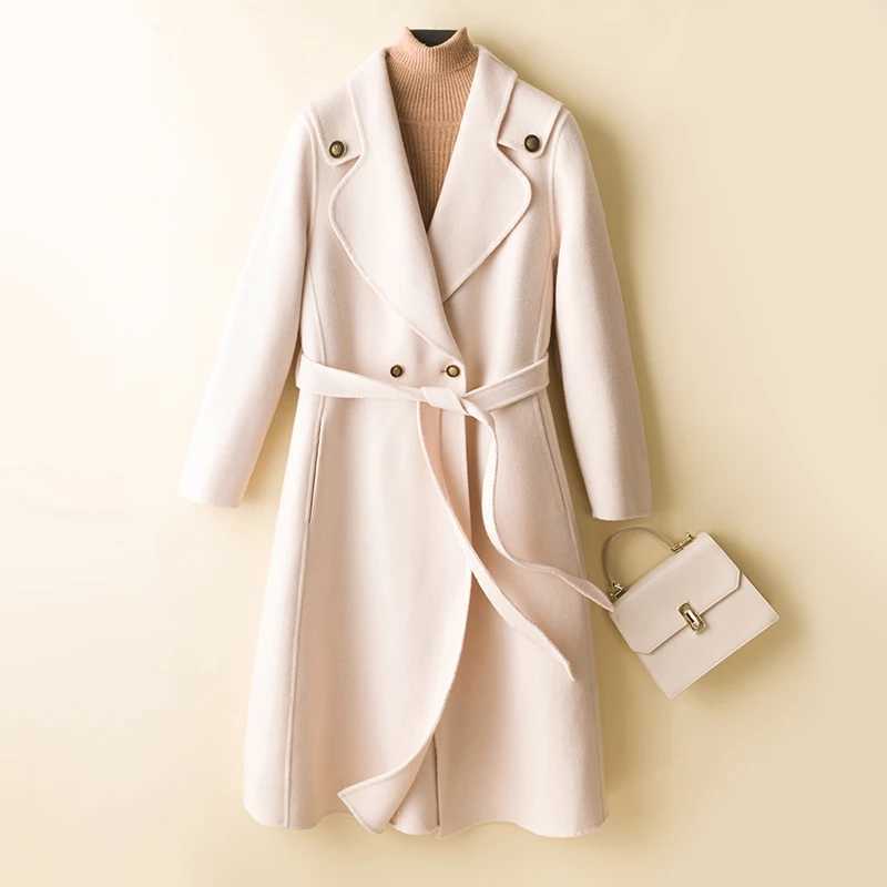 Long Coats Women Woolen Trench Jacket 100% Merino Wool Winter Fashion Lapel Belted Overcoat Autumn Vintage Thick Clothing KoreanX241009