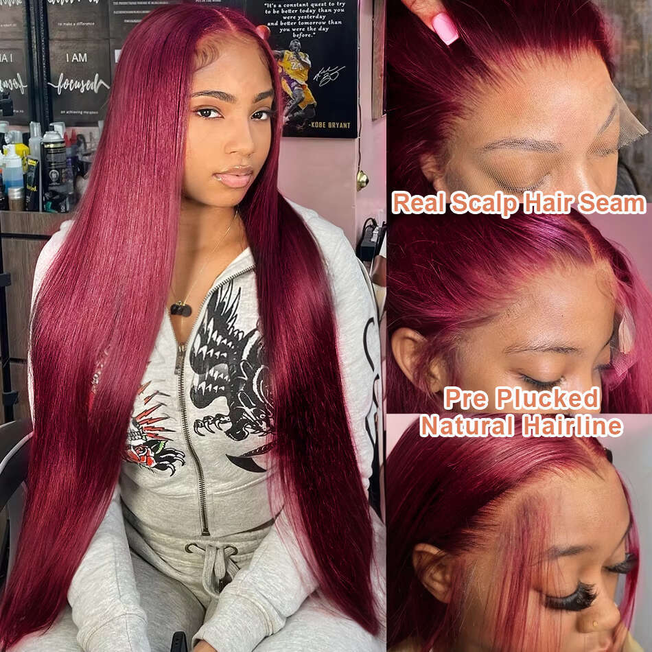30 34 Inch 99J Bury Colored 13x4 Front Wig Bone Straight 5x5 Closure Glueless 13x6 HD Red Lace Frontal Human Hair Wigs