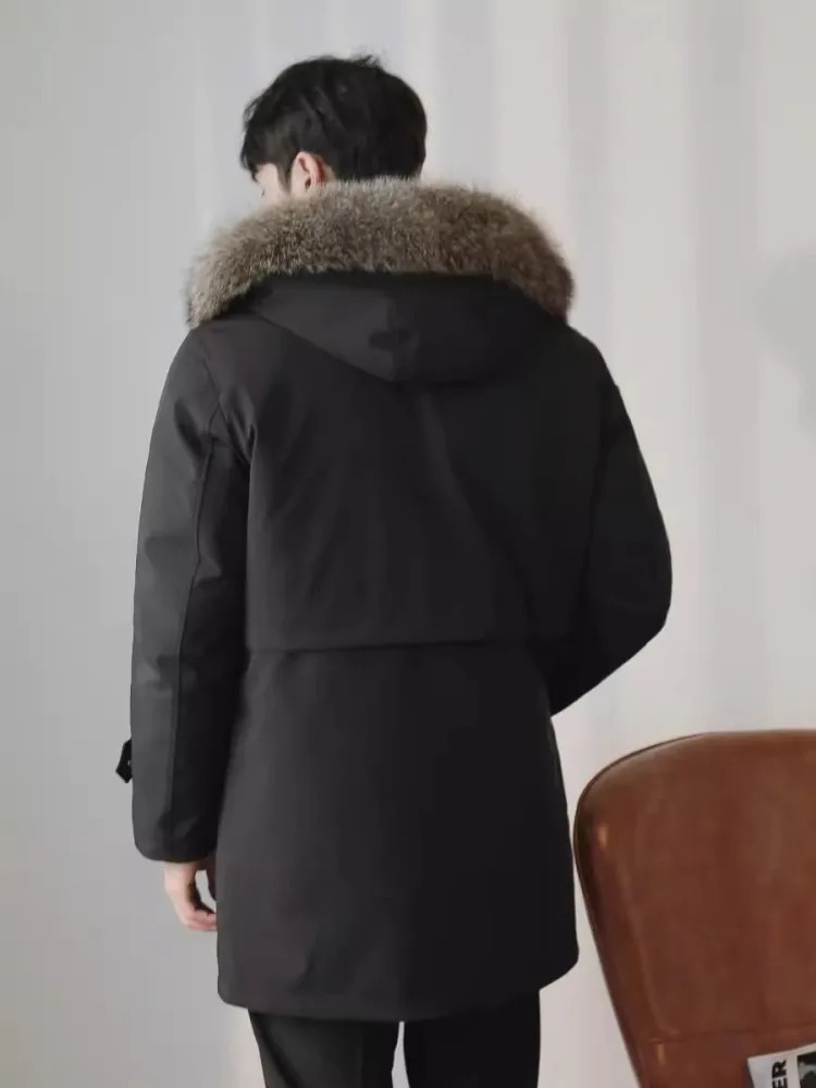 Casual Mens Windbreakers Coat HighQuality Warm Raccoon Fur Lining Winter Parkas Middle Length Hooded Overcoat Male Long Jacket 241018