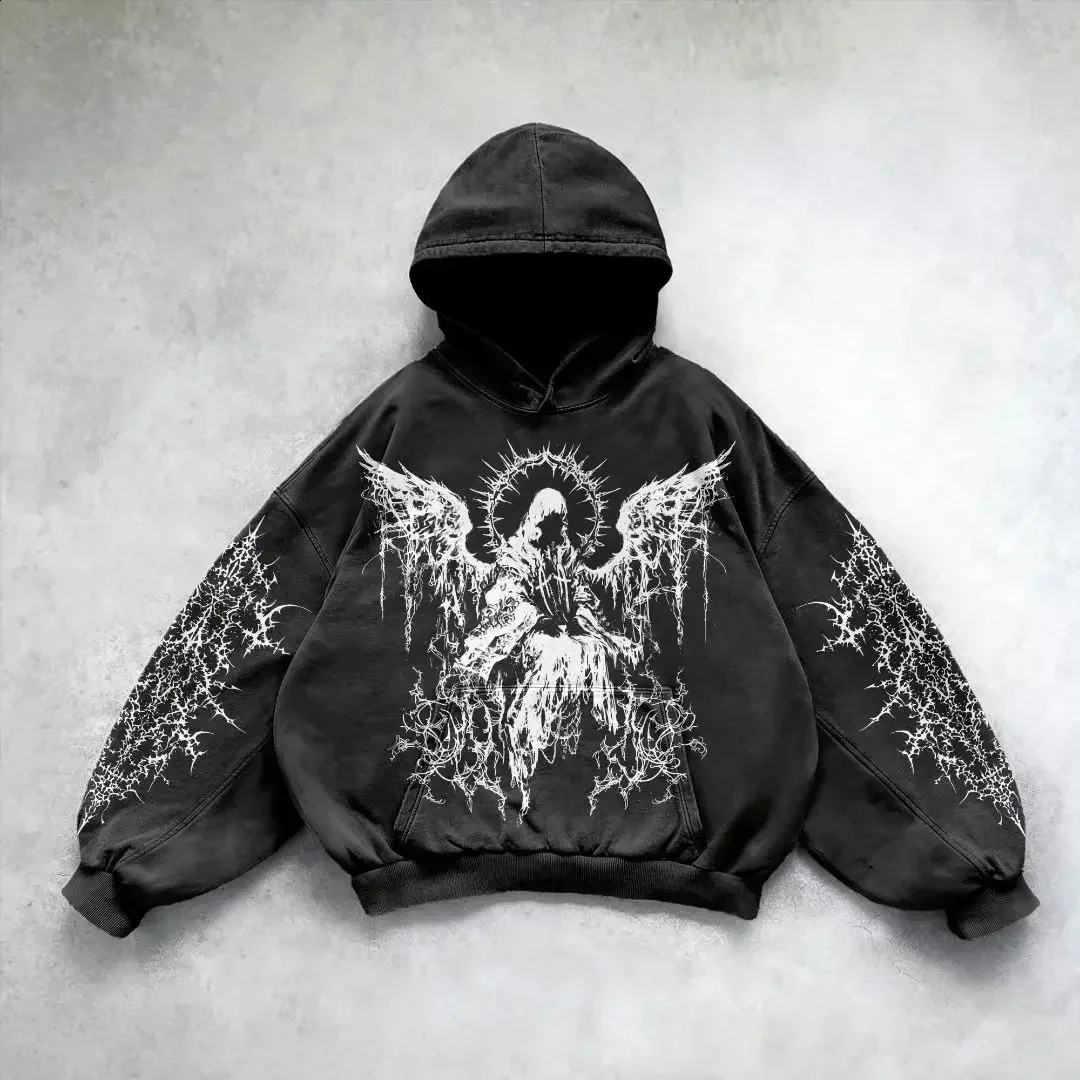 Y2K Skull Washed Cotton Distressed Printed Hoodie Women Oversized Sweatshirt Goddess Couple Street Wear Goth Clothes 241017
