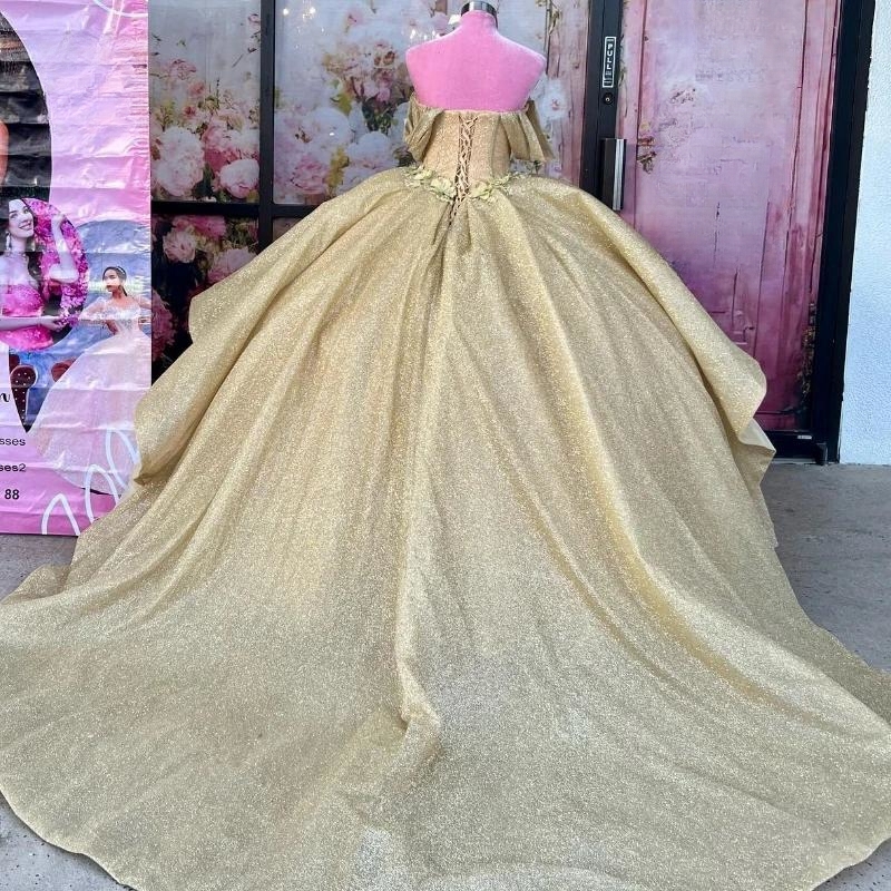 Sparkly Gold Sweetheart Princess Ball Gown Quinceanera Dresses Off The Shoulder Lace 3D Flower Sweet 16 Dress Vestidos De 15 Anos