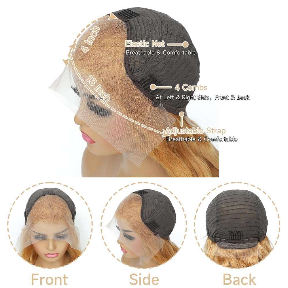 #27 Honey Blonde Human Hair Wigs 13X4 Transparent Lace Pre Plucked Body Wave Human Hair Lace Frontal Wig 200 Density 20-32 inch