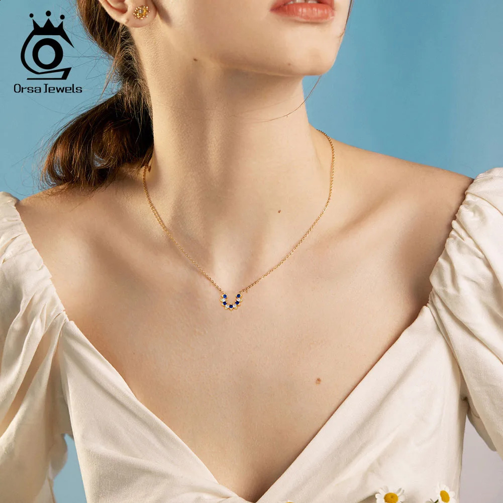 ORSA JEWELS Sparkling Blue Zircon Pendant Necklace 925 Silver Womens Religious Chain Necklace Party Girls Fashion Jewelry Gift APN29 241018