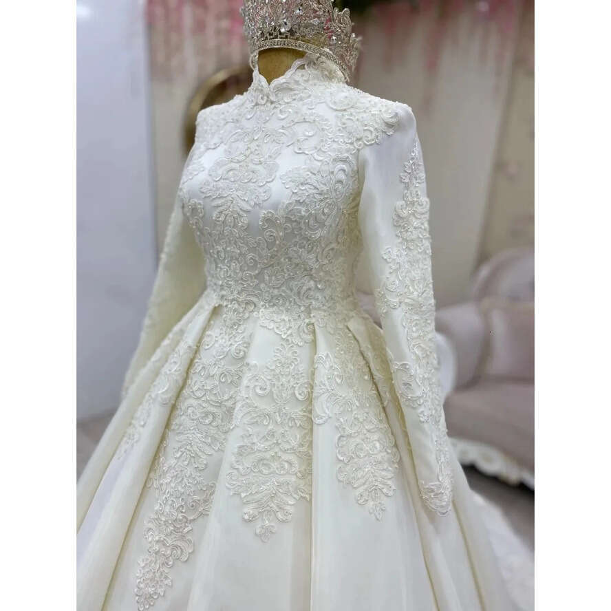 Long Arabic Saudi Muslim Sleeves Wedding Gowns Modest High Neck Lace Applique Beaded Bride Dresses A E Sweep Train Vestidos De Novia AL L