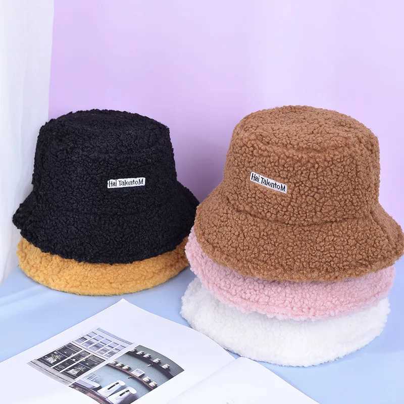 Children Winter Warm Bucket Hat Solid Letter Lamb Wool Baby Girl Boy Hats Thicken Outdoor Kids Panama Flat Sun Cap LX241018