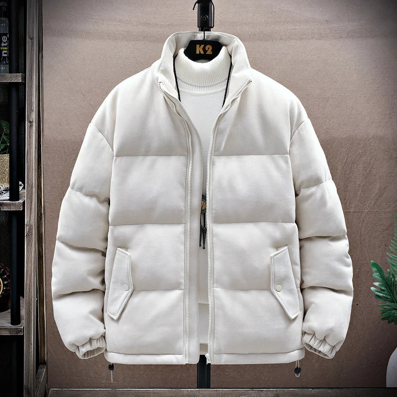 Waterproof jacket mens winter stand up collar artificial suede inflatable jacket retro park mens solid color fashionable oversized warm jacket 241007