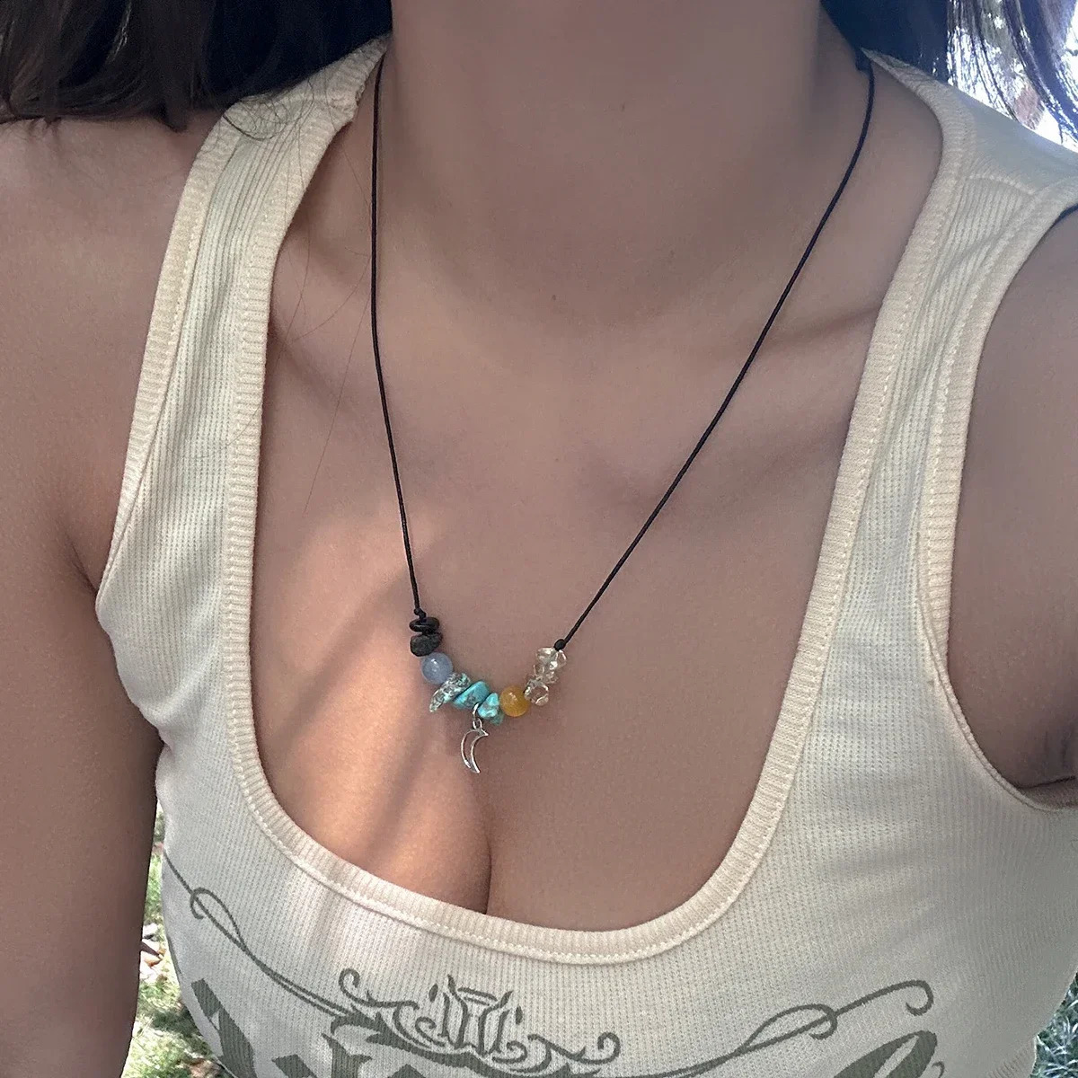 Lacteo vintage natural stone pendant necklace suitable for women irregular beads necklaces jewelry adjustable ropes Y2K accessories 241018