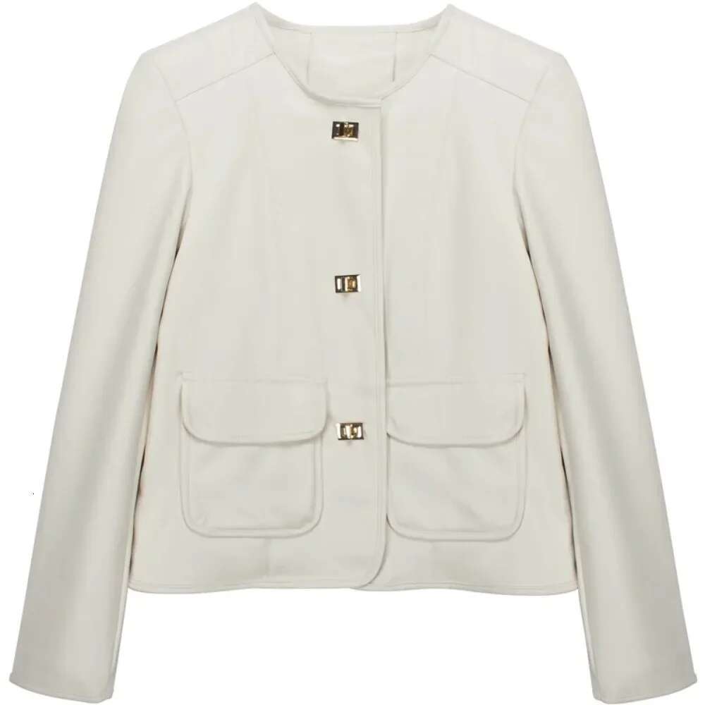 Artificial Women Spring Autumn New Fashion Round Neck Metal Buckle Leather Jacket 2024 Europe Popular Small Coat