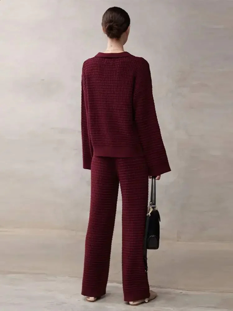 2024 Autumn Women Wine Red Knit Sweater 2 Peice Sets V-neck Cardigan Coats High Waist Wide Leg Pants Ladies Fashion Casual Suits 241017