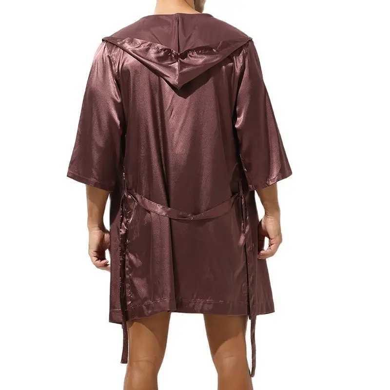 Mens Sleepwear Robe Night Clothes Silk Kimono Bathrobe Men Hooded Szlafrok Pajamas Peignoir Sleeve Ropa Sexy Hombre Mans GownXJ241018