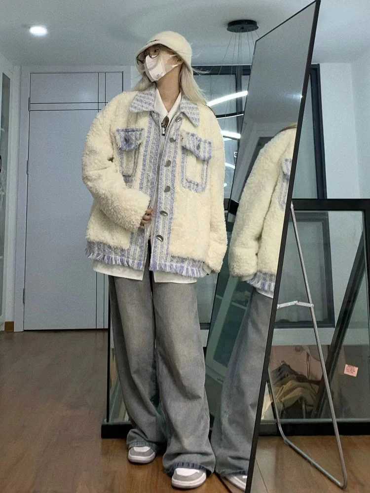 Women Vintage Faux Lamb Coat Autumn Winter Harajuku Patchwork Loose Stitching Cotton-Padded Clothes Female Warm Jacket OuterwearX241018