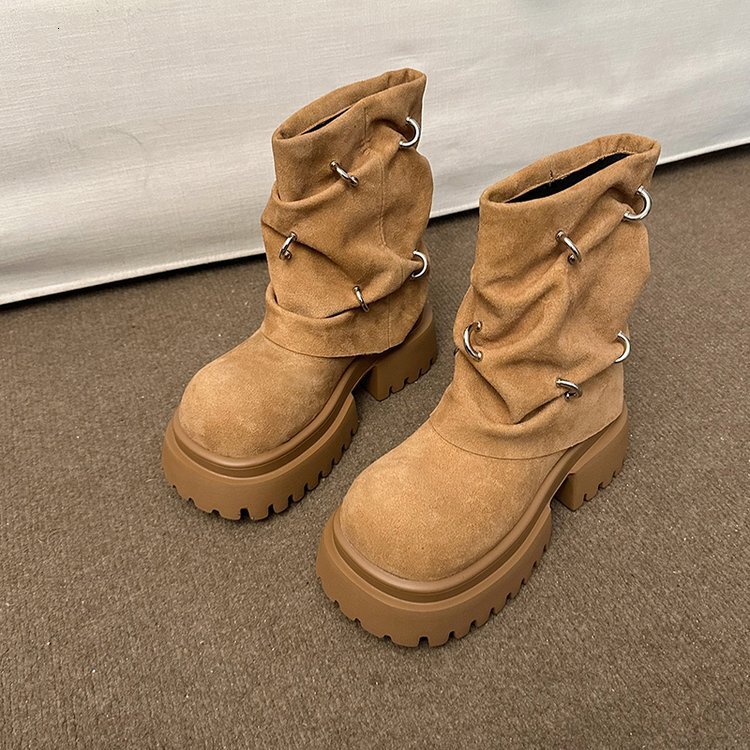 Metal buckle Martin boots, women's thick soled Western cowboy boots, 2024 new model, thick heel motorcycle short boots, pile up boots