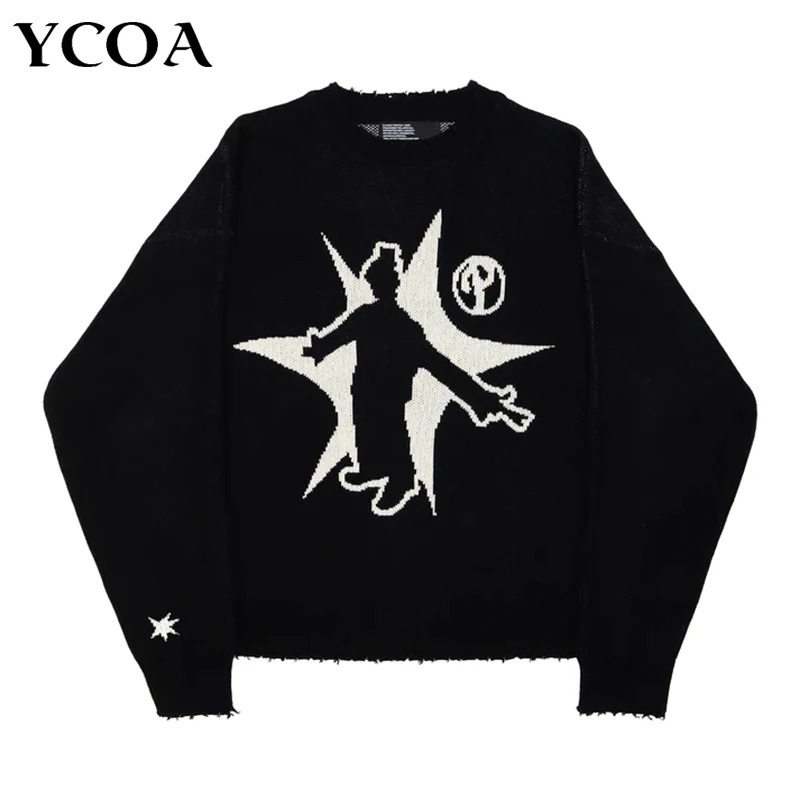 Mens Winter Sweater Pullovers Knit Long Sleeve Tops Hip Hop Korean Fashion Harajuku Jumper Gorhic Coat Y2k Streetwear Clothing 241018